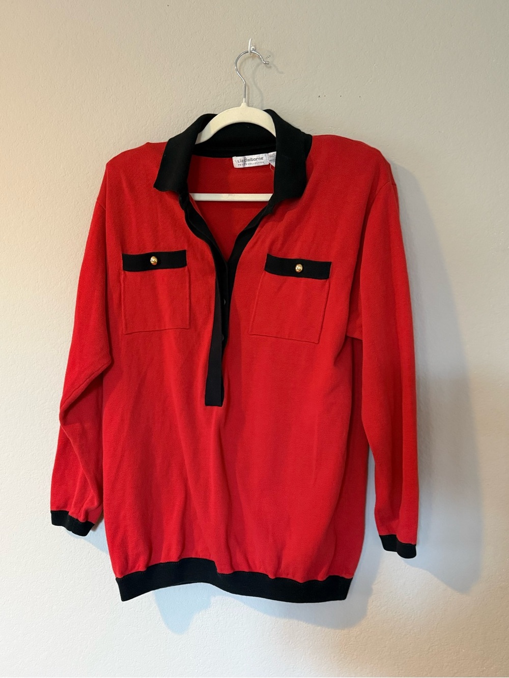 Vintage 90s Red Black Blouse Gold Button Preppy Old Money 100% Cotton Petite L - Picture 2 of 5